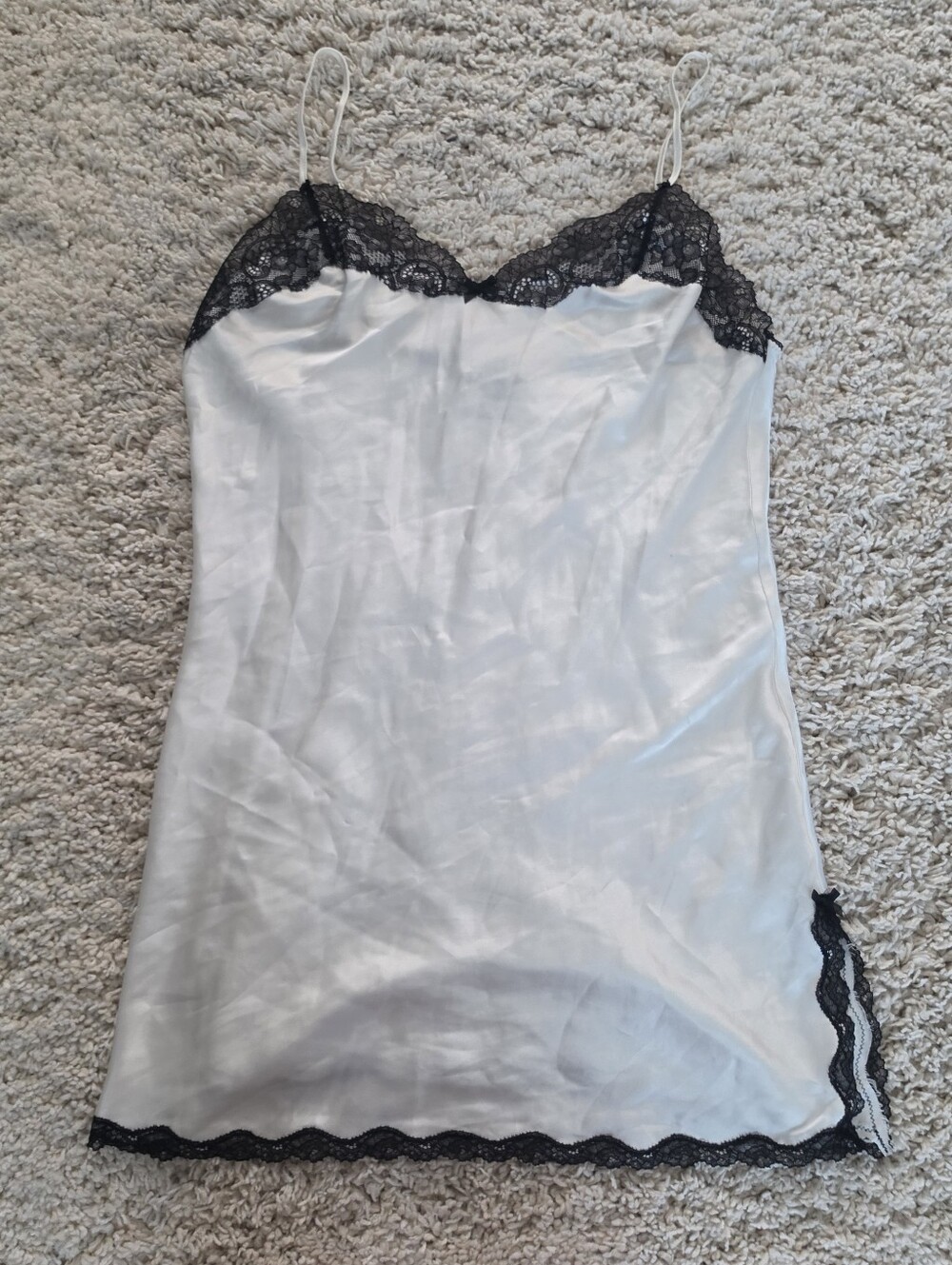 Victoria Secret Womans White Satin Black Lace Slip Dress